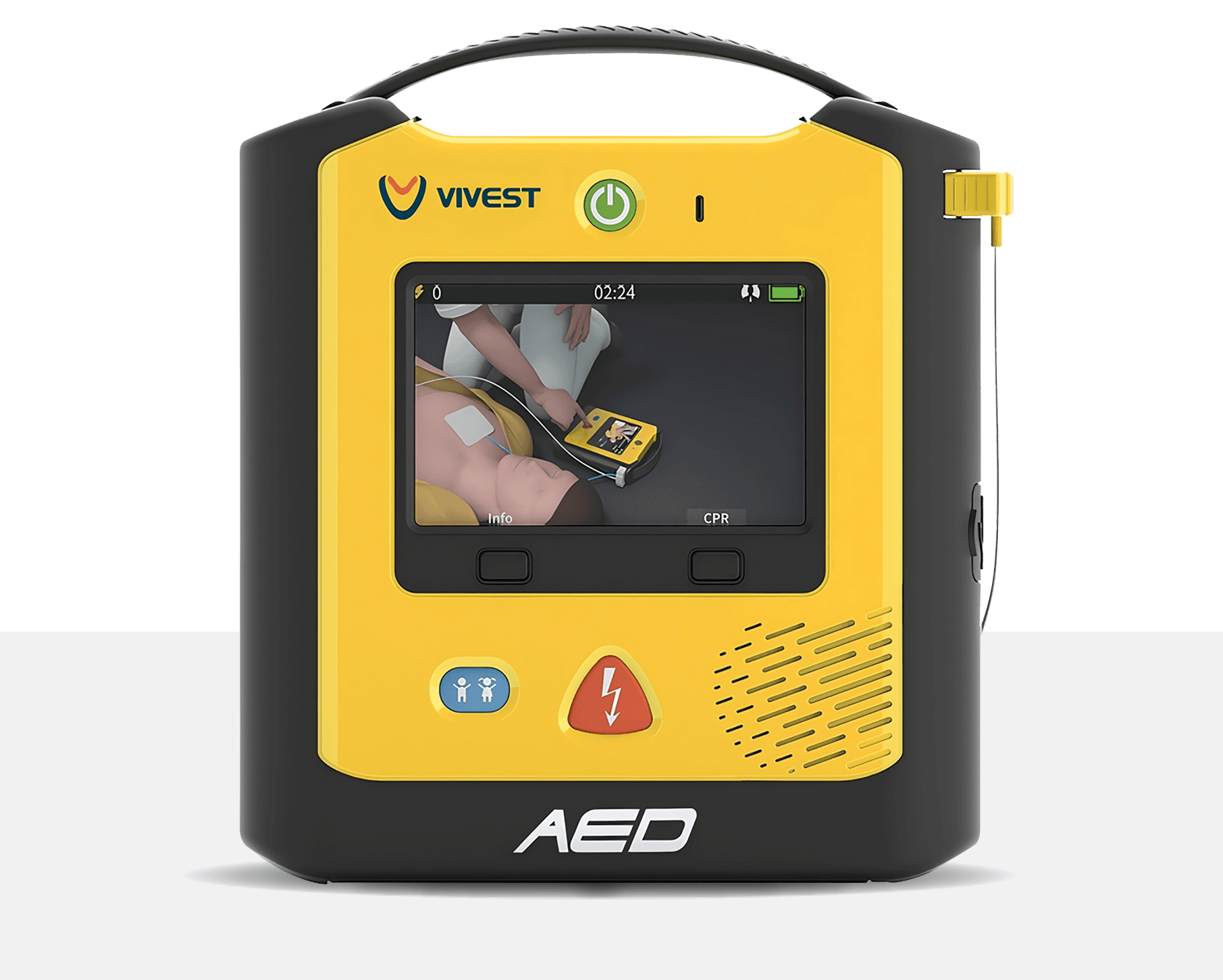 ViVest PowerBeat X3 AED yarı otomatik defibrilatör — 5 inç LCD ekranlı model, önden görünüm